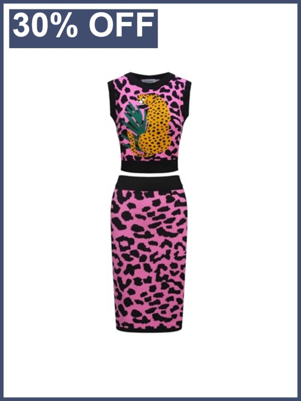 Knitted Vest Skirt Set 1960s Mod Retro Leopard 2 Piece Cotton Outfit